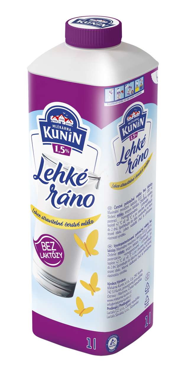Mléko bez laktózy 1,5% 1l Lehké Ráno Kunín
